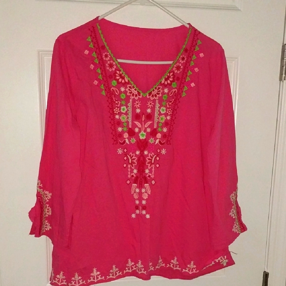Festive Bright Pink Embroidered Tunic 100% Cotton EUC